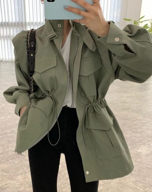 Stand Collar Multi-Pockets Drawstrings Jacket