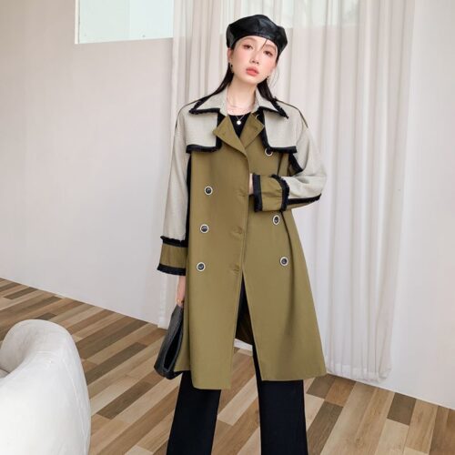 Turn-Down Collar with Epaulettes Patchwork Double-Breasted Gemma Belted Trench Coat - Image 2