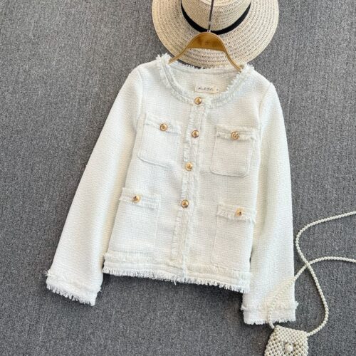Spring / Autumn Korean Single-Breasted Pockets Solid Tweed Jacket - Image 6
