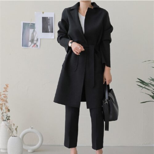 Winter Notched Collar Pockets Loose Woolen Overcoat with Belt - Image 3