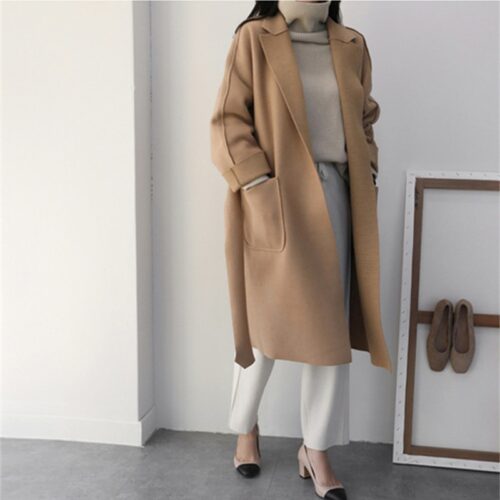 Winter Notched Collar Pockets Loose Woolen Overcoat with Belt - Image 2
