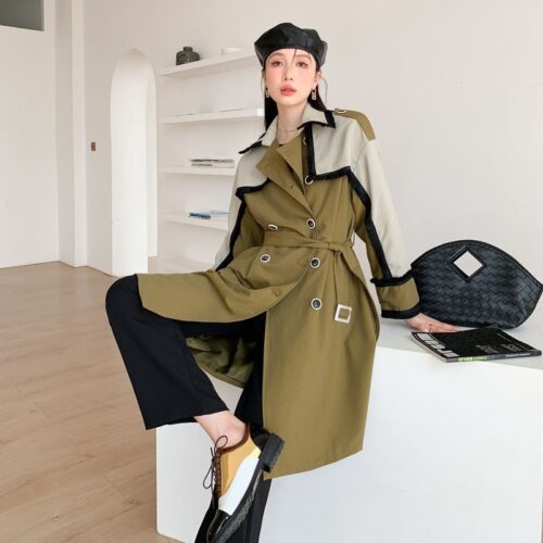 Turn-Down Collar with Epaulettes Patchwork Double-Breasted Gemma Belted Trench Coat - Image 4