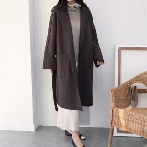 Winter Notched Collar Pockets Loose Woolen Overcoat with Belt - Image 4
