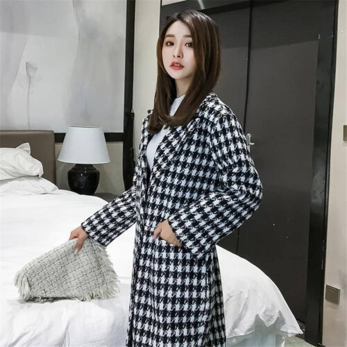 Winter Korean Big Lapel Collar Houndstooth Single-Breasted Thicken Woolen Overcoat - Image 5