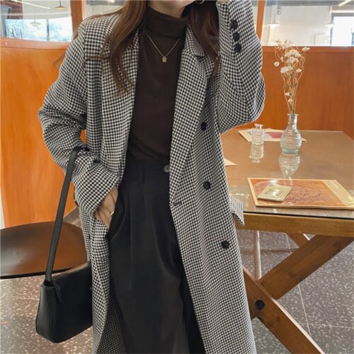 Spring / Autumn Notched Collar Pockets Houndstooth Double-Breasted Overcoat - Image 3