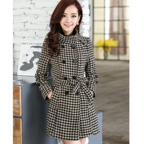 Winter Stand Collar Pockets Buttons Houndstooth Thicken Woolen Coat with Belt - Image 4