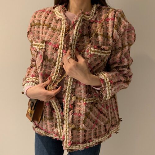 Spring / Autumn Korean Single-Breasted Chain-Trimmed Tweed Jacket - Image 2