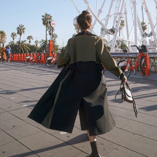 Notched Collar Storm Flap with Epaulettes and Back-Slit Patchwork Double-Breasted Gemma Belted Trench Coat - Image 4