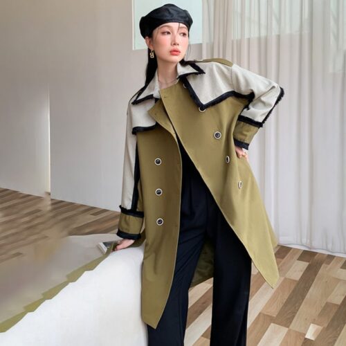 Turn-Down Collar with Epaulettes Patchwork Double-Breasted Gemma Belted Trench Coat