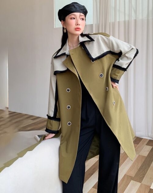 Turn-Down Collar with Epaulettes Patchwork Double-Breasted Gemma Belted Trench Coat