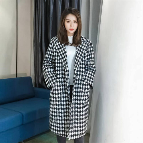 Winter Korean Big Lapel Collar Houndstooth Single-Breasted Thicken Woolen Overcoat - Image 3