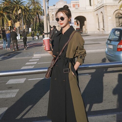 Notched Collar Storm Flap with Epaulettes and Back-Slit Patchwork Double-Breasted Gemma Belted Trench Coat