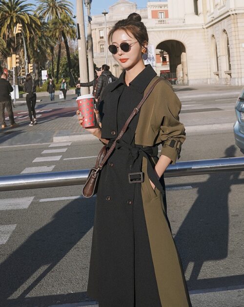 Notched Collar Storm Flap with Epaulettes and Back-Slit Patchwork Double-Breasted Gemma Belted Trench Coat