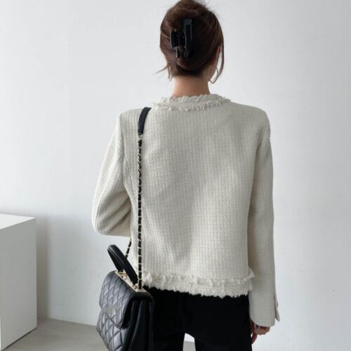 Spring / Autumn Single-Breasted Fringed Solid Tweed Jacket - Image 3