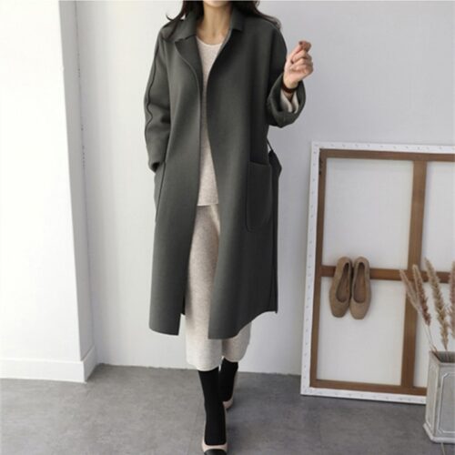 Winter Notched Collar Pockets Loose Woolen Overcoat with Belt - Image 5