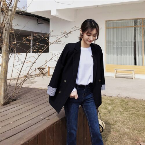 Spring / Autumn Notched Collar Double-Breasted Striped Cuff Blazer - Image 2