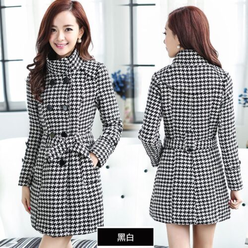 Winter Stand Collar Pockets Buttons Houndstooth Thicken Woolen Coat with Belt - Image 3