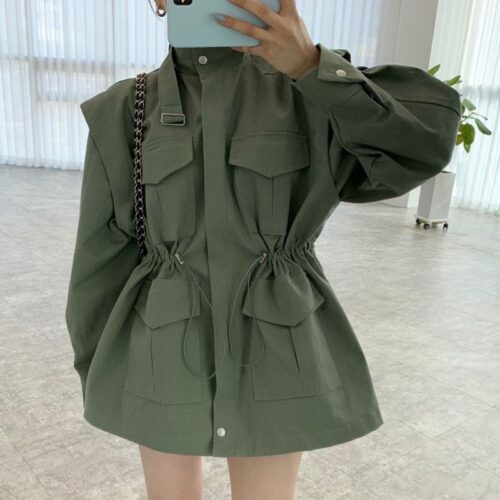 Spring / Autumn Stand Collar Multi-Pockets Drawstrings Jacket - Image 2