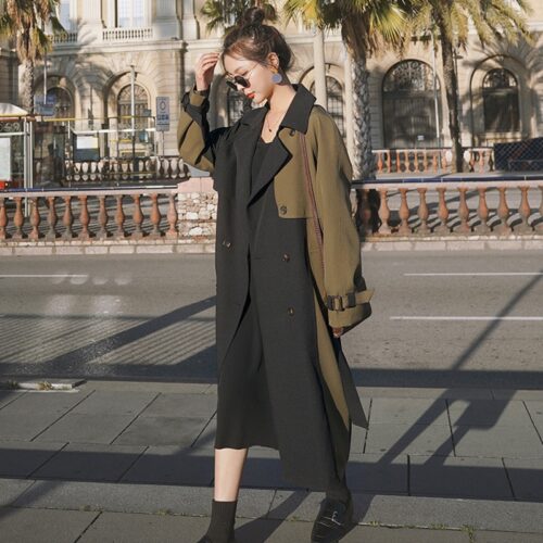 Notched Collar Storm Flap with Epaulettes and Back-Slit Patchwork Double-Breasted Gemma Belted Trench Coat - Image 3