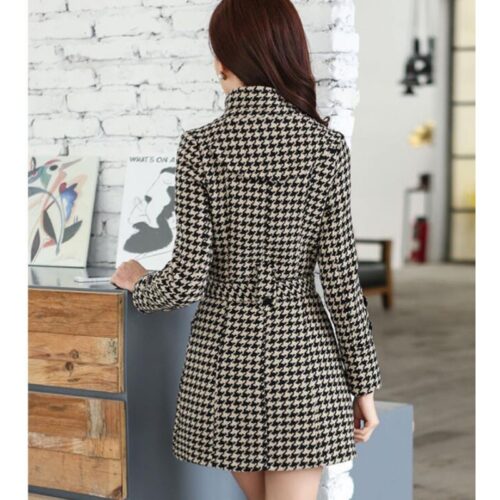 Winter Stand Collar Pockets Buttons Houndstooth Thicken Woolen Coat with Belt - Image 6