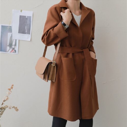 Winter Notched Collar Pockets Loose Woolen Overcoat with Belt - Image 7