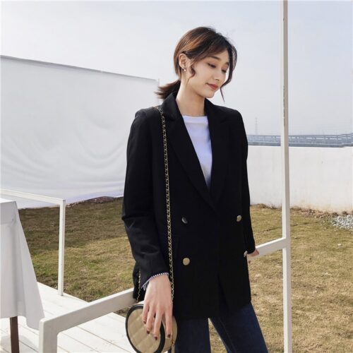 Spring / Autumn Notched Collar Double-Breasted Striped Cuff Blazer - Image 4