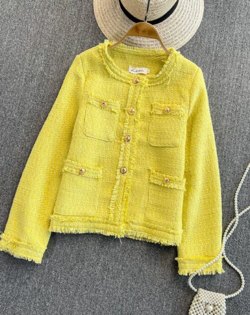 Pockets Solid Tweed Jacket