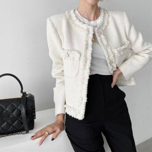 Spring / Autumn Single-Breasted Fringed Solid Tweed Jacket - Image 2