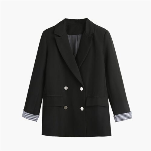 Spring / Autumn Notched Collar Double-Breasted Striped Cuff Blazer - Image 5