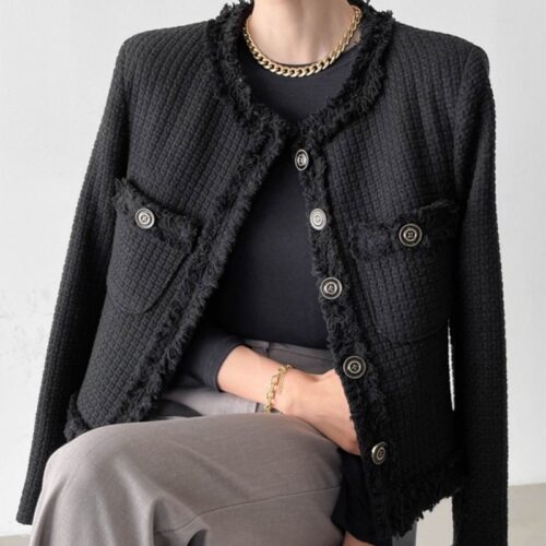 Spring / Autumn Single-Breasted Fringed Solid Tweed Jacket - Image 6