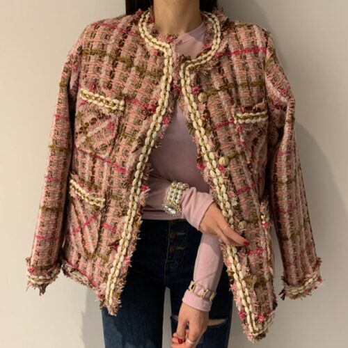 Korean Single Chain-Trimmed Tweed Jacket