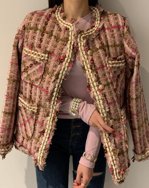 Korean Single Chain-Trimmed Tweed Jacket