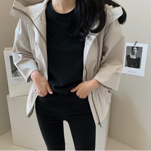 Spring / Autumn Hooded Pockets Zipper Jacket
