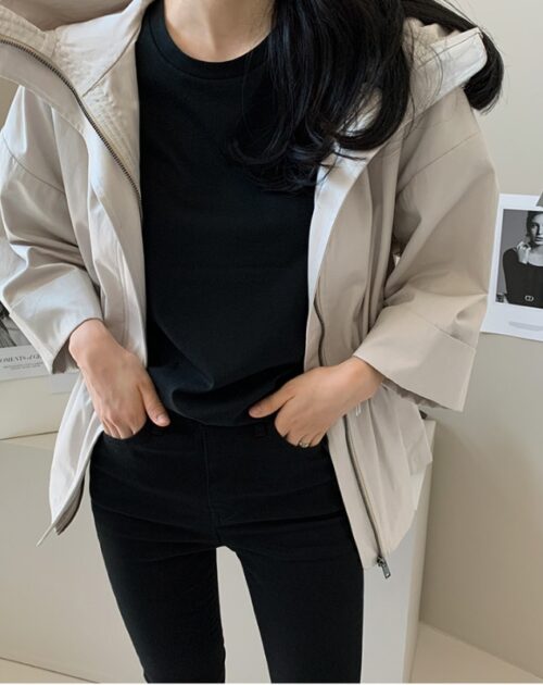 Spring / Autumn Hooded Pockets Zipper Jacket