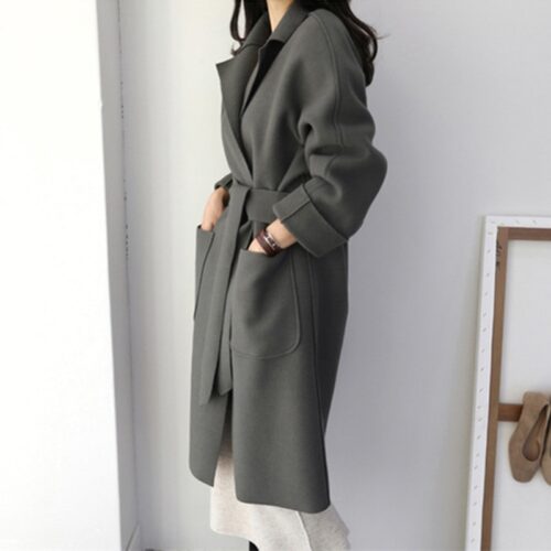 Winter Notched Collar Pockets Loose Woolen Overcoat with Belt