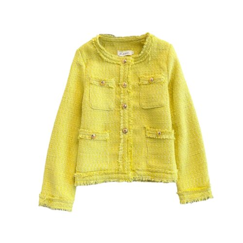 Spring / Autumn Korean Single-Breasted Pockets Solid Tweed Jacket - Image 5