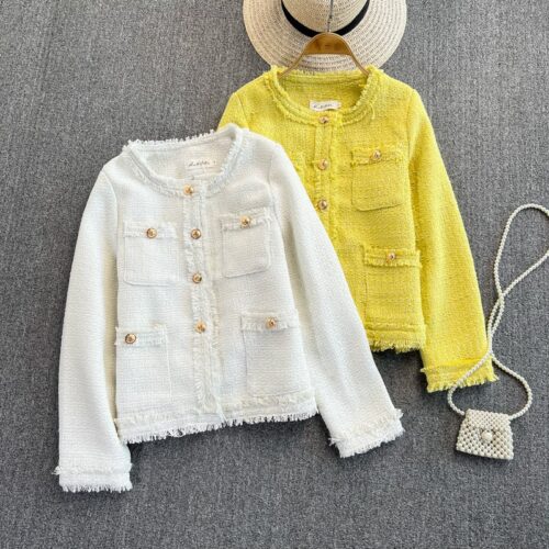 Spring / Autumn Korean Single-Breasted Pockets Solid Tweed Jacket - Image 2