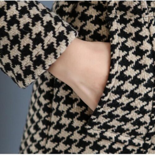 Winter Stand Collar Pockets Buttons Houndstooth Thicken Woolen Coat with Belt - Image 7