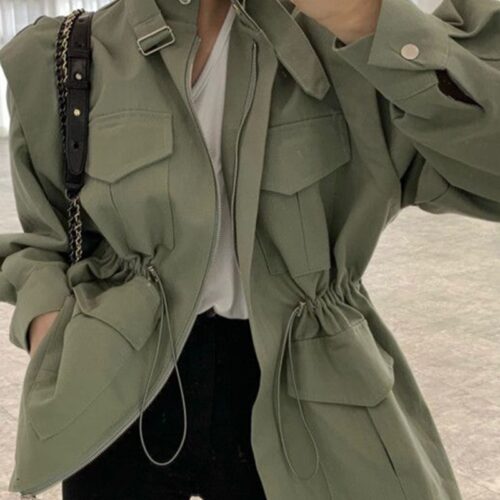 Spring / Autumn Stand Collar Multi-Pockets Drawstrings Jacket - Image 3