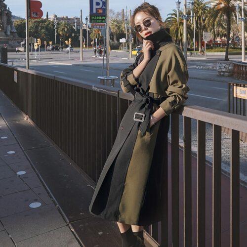 Notched Collar Storm Flap with Epaulettes and Back-Slit Patchwork Double-Breasted Gemma Belted Trench Coat - Image 2