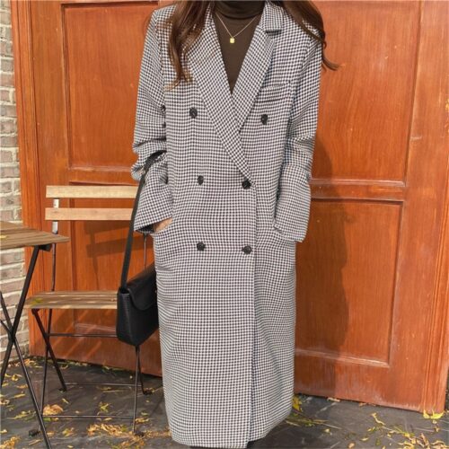 Spring / Autumn Notched Collar Pockets Houndstooth Double-Breasted Overcoat - Image 5