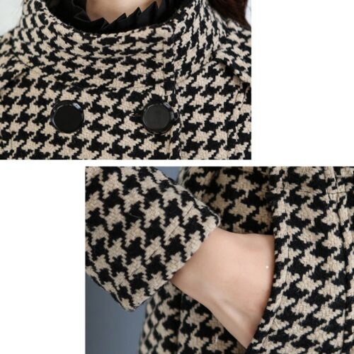 Winter Stand Collar Pockets Buttons Houndstooth Thicken Woolen Coat with Belt - Image 8