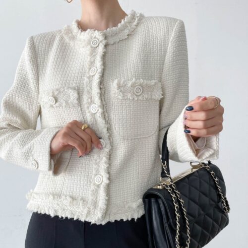 Spring / Autumn Single-Breasted Fringed Solid Tweed Jacket