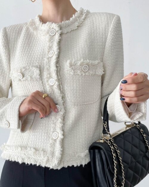 Spring / Autumn Single-Breasted Fringed Solid Tweed Jacket