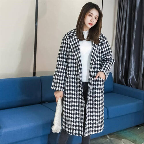 Winter Korean Big Lapel Collar Houndstooth Single-Breasted Thicken Woolen Overcoat - Image 4