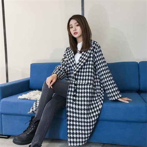 Winter Korean Big Lapel Collar Houndstooth Single-Breasted Thicken Woolen Overcoat - Image 2