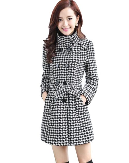 Houndstooth Thicken Woolen Coat with Belt