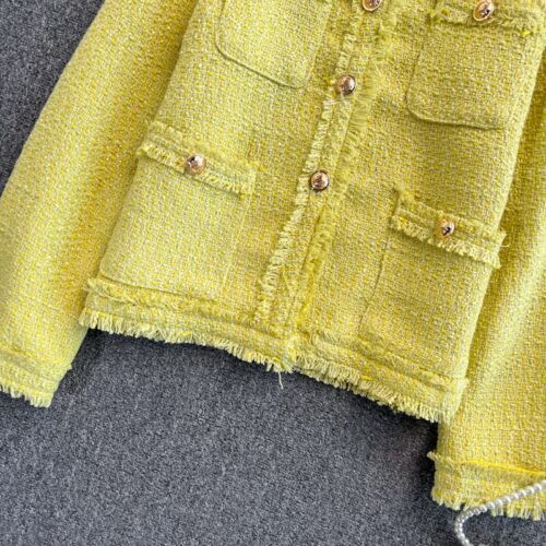 Spring / Autumn Korean Single-Breasted Pockets Solid Tweed Jacket - Image 4