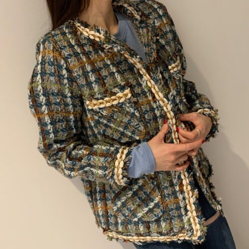 Spring / Autumn Korean Single-Breasted Chain-Trimmed Tweed Jacket - Image 5