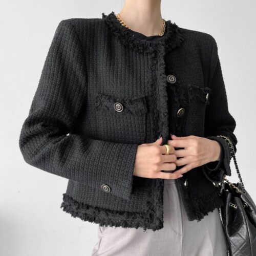 Spring / Autumn Single-Breasted Fringed Solid Tweed Jacket - Image 4